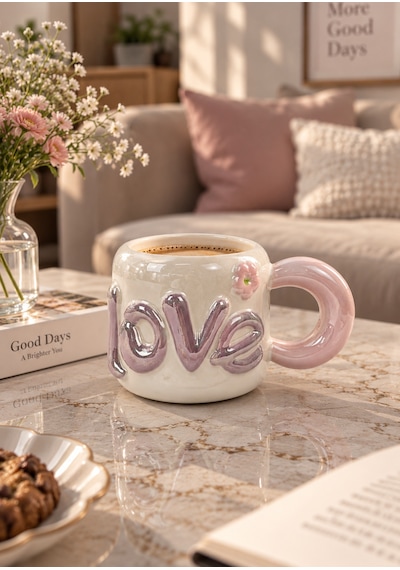 Dear Love Lüsterli Pudra Pembe Porselen Kupa 480 Ml-7743 Çok Renkli
