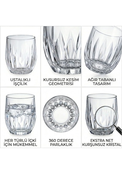 6'li Kristal Kesme Görünümlü Cam Bardak Seti - Meşrubat, Su, Kahve Ve Viski Bardağı Takımı 320 Ml Çok Renkli