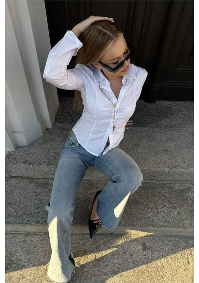 Madmext Beyaz Vücuda Oturan Slim Fit Kadın Gömlek Mg2659 Beyaz