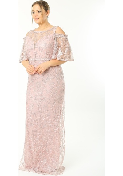 Ladies First Büyük Beden 3448 Pudra Abiye Elbise 001