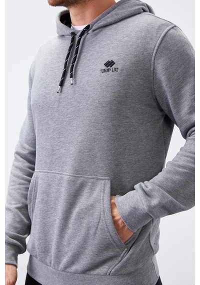 Tommy Life Gri Melanj Kanguru Cep Standart Kalıp Kapüşonlu Erkek Sweatshirt - 87872 GRİ MELANJ