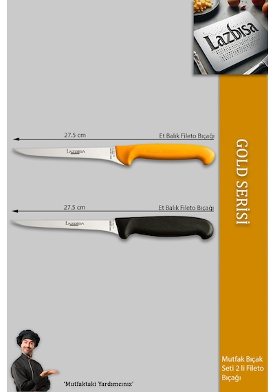 Lazbisa Mtf-057 Gold Incisive Serisi Balık Fileto Bıçağı Et Steak Bıçak Mutfak Bıçak Sarı