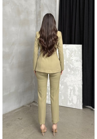 Msm Fashion Kadın İkili Blazer Ceket Pantolon Takım Pile Ve Düğme Detaylı Boru Paça Açık Haki