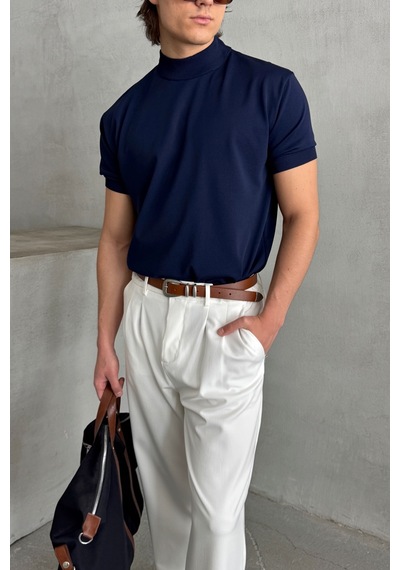 Erkek Oversize Yarım Balıkçı Triko T-shirt Lacivert