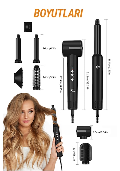 Veryfit 7 in 1 Hava Üflemeli Saç Düzleştirici Bukle Maşa Airwrap Compact Saç Kurutma Fön Makinesi Siyah
