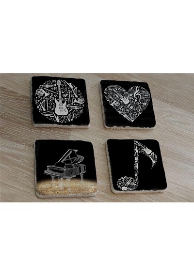 Siyah Beyaz Müzik Görselleri Doğal Taş Bardak Altlığı 4'lü Set - Natural Stone Coasters - Taş Beyaz - Siyah