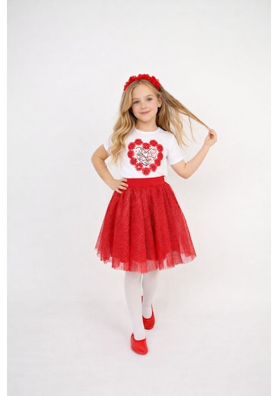 Dıgıl Kids Kız Çocuk Kalp Ve Çiçek Desenli T-shirt Etek Takım Kırmızı8