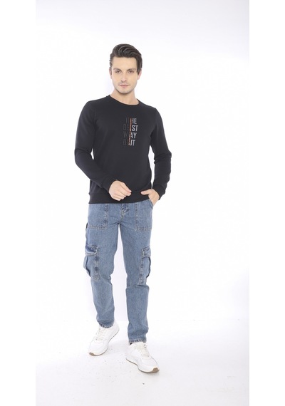 Escetic Erkek Spor Slimfit, Bisiklet Yaka Siyah Sweatshirt-4271 Siyah