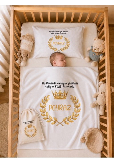 Pia Baby İsme Özel %100 Pamuk Erkek Bebek Yastık Battaniyeli Tulum Set Kese Hediyeli 1112tybk0x Krem