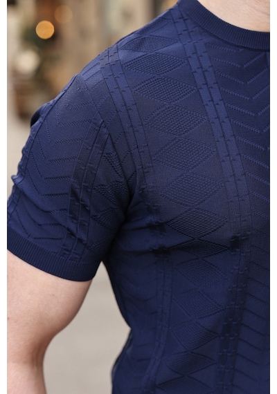 Lacivert Bisiklet Yaka Slim Fit Triko Erkek Tişört E7466