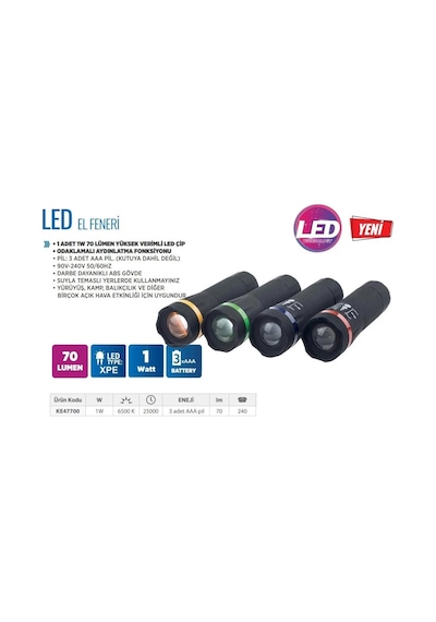 KLAUS LED EL FENERİ 1W 70 LUMEN 3A PİL KE47700 Siyah