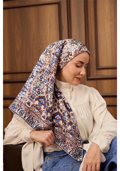 Silk Home Twill İpek Eşarp Krem Lacivert Desenli Tok Duruşlu Kaymaz 90x90 Çok Renkli