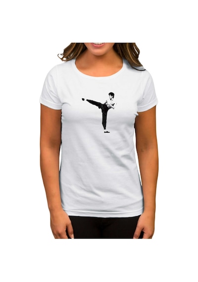 Bruce Lee Kick Deffense Beyaz Kadın Tişört Beyaz
