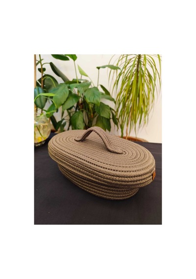 Hasır Jüt Sepet Oval Kapaklı Organizer Düzenleyici 30x20x10 Cm Haki Yeşil Haki Yeşil
