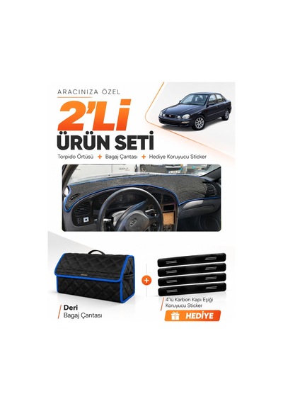 Kia Shuma 1995-2003 Uyumlu Torpido Örtüsü + Deri Bagaj Çantası + Sticker Seti - Siyah Mavi