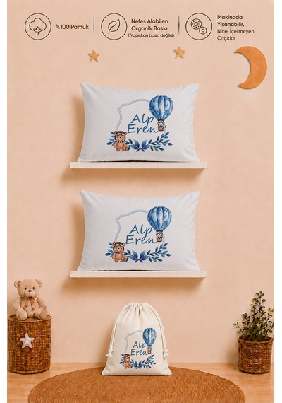 İsme Özel Erkek Bebek Hediyesi 2 Adet 35x45 %100 Pamuk Yastık Kılıfı Ve Ham Bez Bebek Kıyafet Kesesi 1009y2kyx