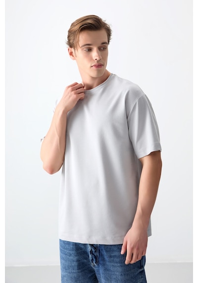 Air Jones Tommy Life Taş Pamuklu Kalın Yumuşak Dokulu Oversize Fit Basic Erkek T-shirt - 88377 Taş