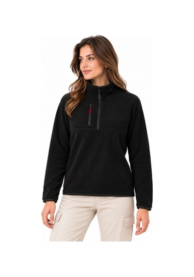Velmora Fashion Kadın Polar Dik Yaka Yarım Fermuarlı Fermuarlı Göğüs Cepli Regular Fit Kışlık Sweatshirt - Siyah