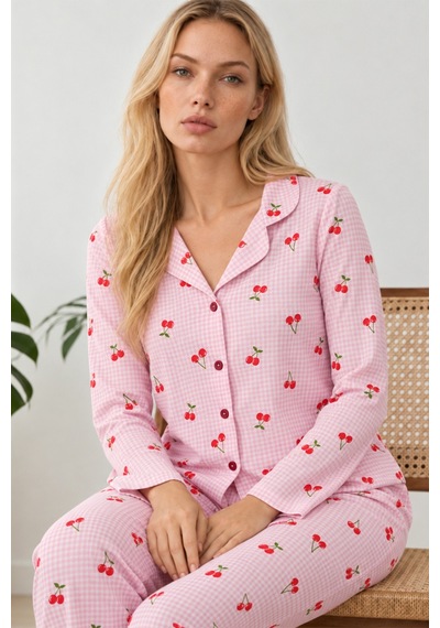 Fit Women Kadın Kiraz Desenli Pötikare Pembe Pijama Takımı 4793