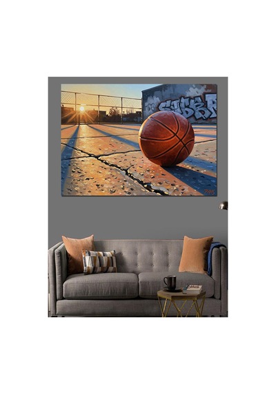 Basketbol Sahasında Duran Yalnız Top Yağlı Boya Dokulu Kanvas Tablo Canvas Tablosu