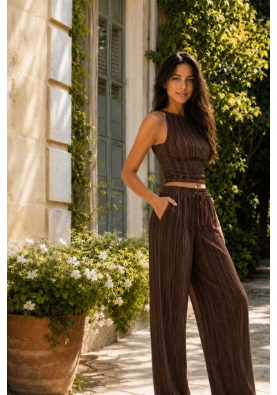 Unika Boutique Crop Pantolon Takım Kadın Şık Yazlık Fitilli kahverengi