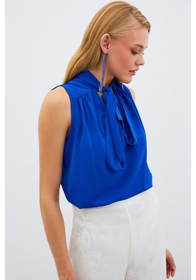 Sateen Fularlı Kolsuz Bluz - Saks Mavisi
