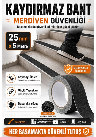 Kaydırmaz Bant 25 Mm X 5 Metre, Pütürlü Yüzeyli Güçlü Yapışkanlı Merdiven Banyo Rampa Zemin Güvenlik
