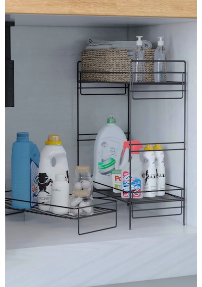 3 Katlı Evye Tezgah Altı Raf Banyo Mutfak Dolabı Çok Amaçlı Düzenleyici Deterjanlık Organizer 20x40 Siyah