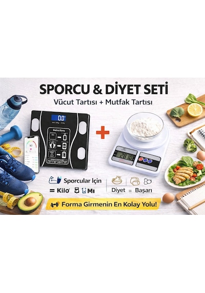 Akıllı Dijital Vücut Tartısı + Hassas Mutfak Tartısı Seti Lcd Ekran 180 Kg / 10 Kg Beyaz