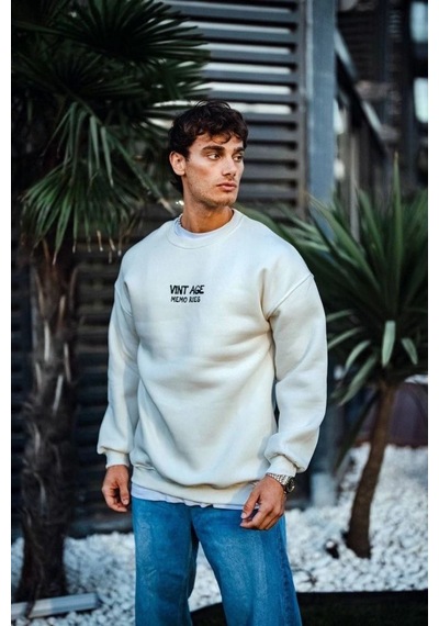 Mbb E-ticaret Erkek Bisiklet Yaka 3 İplik Pamuklu Baskılı Sweatshirt - Beyaz