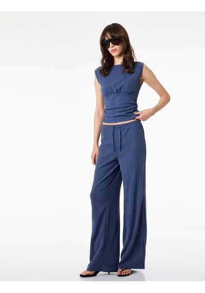 Koton Büzgülü Kayık Yaka Slim Fit Bürümcük Kolsuz Bluz Mavi 6sal30170ık