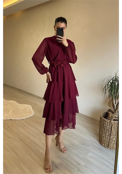 Neşeli Butik Kadın Kat Kat Volanlı Kuşaklı Midi Şifon Elbise Nm004 Bordo