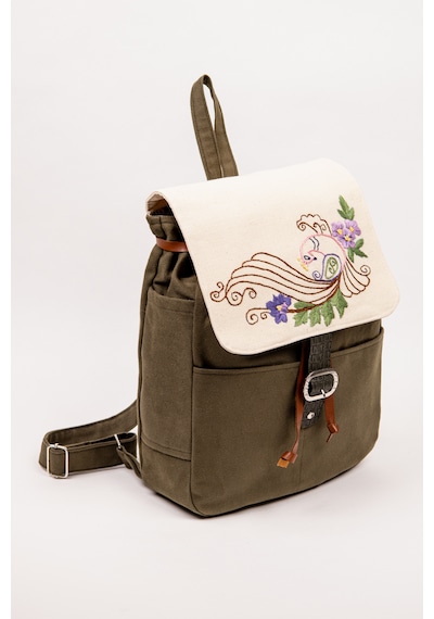 Fabric Craft Bag Sırt Çantası Kadın Nakış İşlemeli Kanvas Astarlı Haki 30x38 Cm