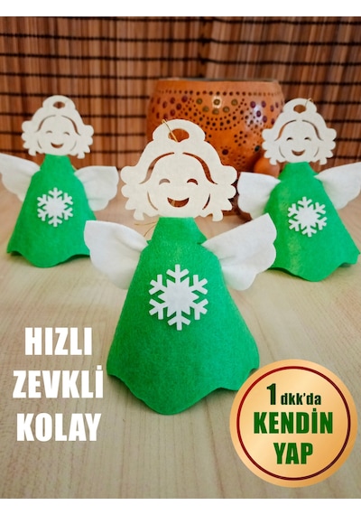 Yılbaşı Keçe Süsü Yeşil Elbiseli Melek Figürü 3'lü Set - Kolay Etkinlik
