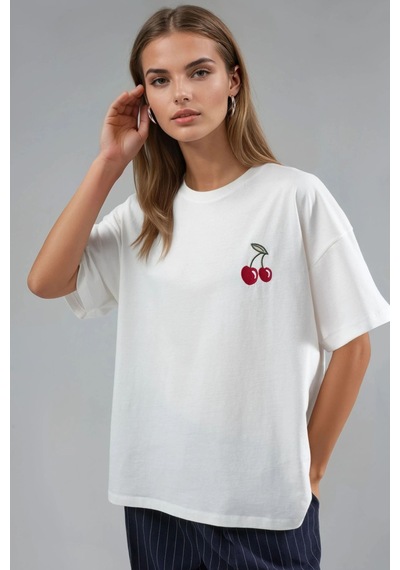 Hiccup Oversize Nakışlı Örme T-shirt Tozlu Beyaz