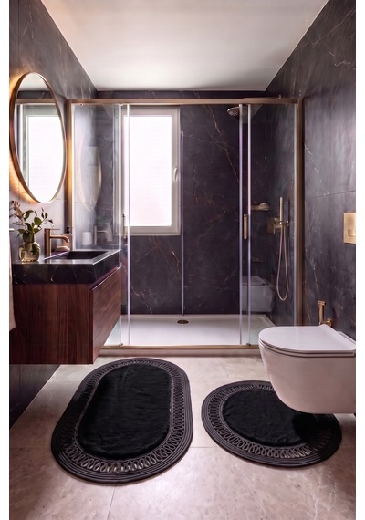 Banyo Paspası Takımı 60x100+60x60 Cm İç Trikot Siyah & Siyah