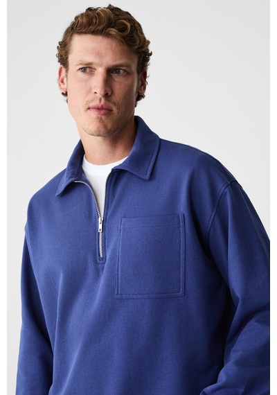 Grımelange Shıftd Erkek Bisiklet Yaka Uzun Kollu Fermuarlı İndigo Sweatshirt İndigo