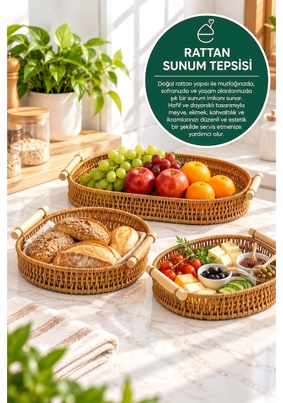 Evonıta Rattan Sunum Tepsisi Hasır Görünümlü Kulplu Servis Sepeti Kahvaltılık Ekmeklik Meyvelik Dekoratif Tepsi