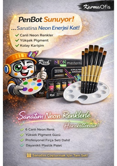 Neon Akrilik Boya Seti 6 Renk + Fırça + Palet Ahşap, Tuval, Seramik Boya Seti Çok Renkli
