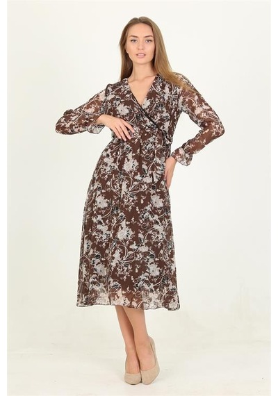 Neşeli Butik Kadın Kahverengi Desenli Midi Boy Şifon Elbise Rssn15 Kahverengi