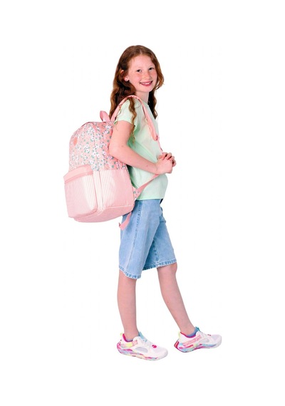 Kaukko Soft Floral Kız Çocuk Üç Bölmeli Somon Çiçek Ve Çizgi Desenli Okul Sırt Çantası - K1795 Somon