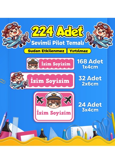 Sevimli Pilot Temalı Okul Kreş Kişiye Özel İsim Etiket Seti - Model 327 Çok Renkli