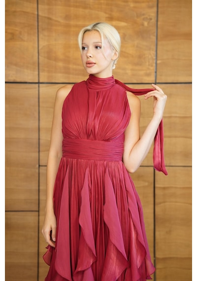 Livanomi Halter Yaka Eteği Fırfırlı Bordo Abiye