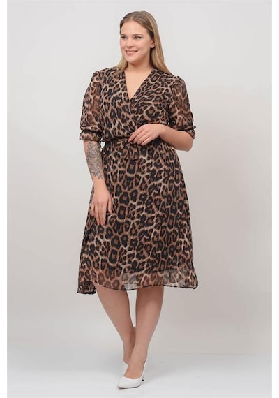 Neşeli Butik Kadın Kruvaze Yaka Midi Boy Büyük Beden Leopar Desenli Şifon Elbise Nb80622 Siyah