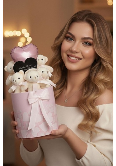 Sole Premium Silindir Kutuda Kalp Aynalı 5 Li Peluş Ayıcık Buketi Kalp Balon Detaylı