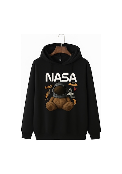 Kokina 3 İplik Penye Unisex Siyah Nasa Ayıcık Baskılı Kapüşonlu Sweatshirt SIYAH