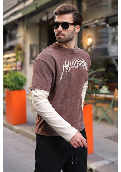 Madmext Acı Kahve Baskılı Batik Desen Erkek Tişört E7194 Acı Kahverengi
