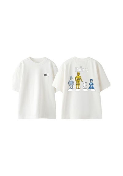 Thewert The Robots Tasarım Sırt Baskılı Pamuk Beyaz Oversize T-shirt