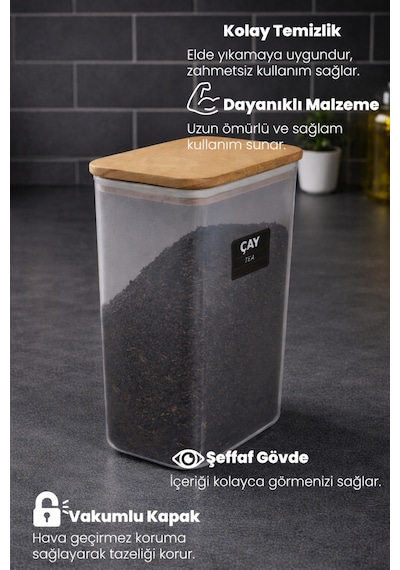 Ahşap Vakumlu Kapaklı Akrilik Çay Saklama Kavanozu Saklama Kabı Ve Kutusu 3 Litre Etiket Hediyeli Şeffaf