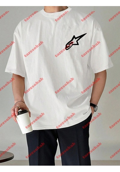 Startmore Y2k Starz Baskılı Oversize Unisex Kısa Kollu Bisiklet Yaka T-shirt Beyaz